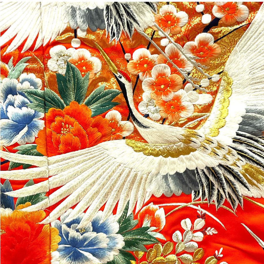 色打掛 身丈185cm 緋色 刺繡 花車 鶴 正絹 Bランク 袷 朱系 1110000264916