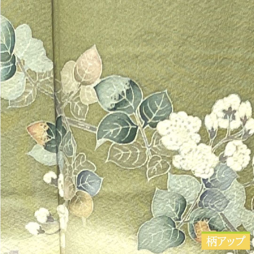 訪問着 正絹 袷 身丈160.5cm 裄丈66cm 利休色 京友禅 草花模様 剣片喰 Sランク 緑系 1112003492419