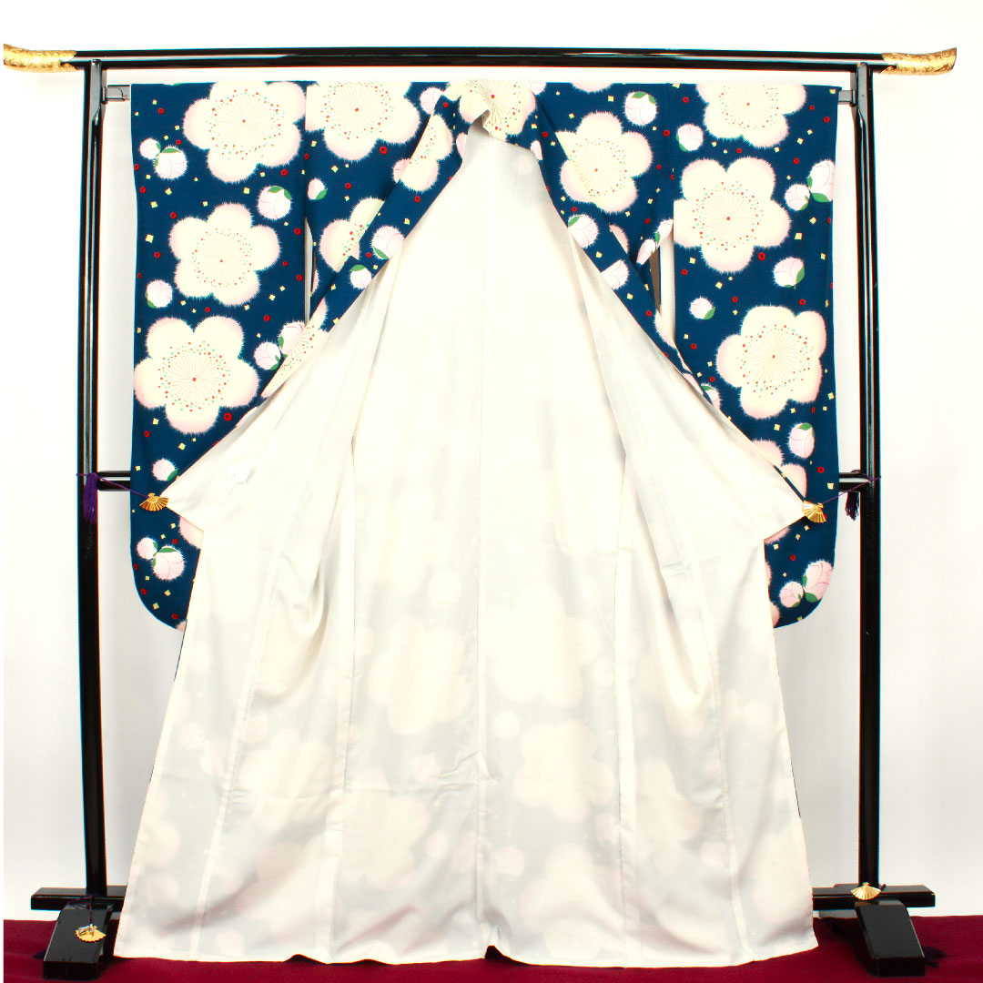 振袖 身丈169cm 裄丈67.5cm 袷 濃藍色 洗える着物 桜 ポリ Aランク 紺系 1113001113518