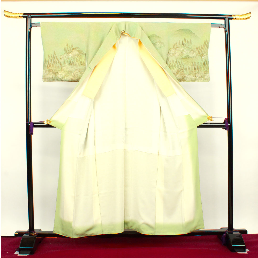 訪問着 袷 身丈156cm 裄丈61.5cm 裏葉色 タタキ染 風景模様 正絹 Aランク 緑系 1112002303319