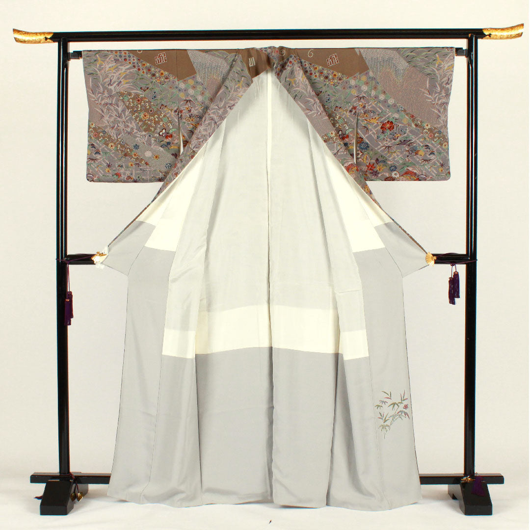 訪問着 袷 身丈165.5cm 裄丈66cm 京紅型 源氏香 草花模様 正絹 Aランク グレー系 1112001453522