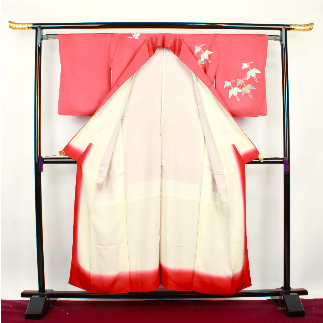 Homongi, lined, length 155cm, sleeve length 59cm, crimson silk, Kyo-Yuzen, crane, pure silk, A rank, red, 1112001863312
