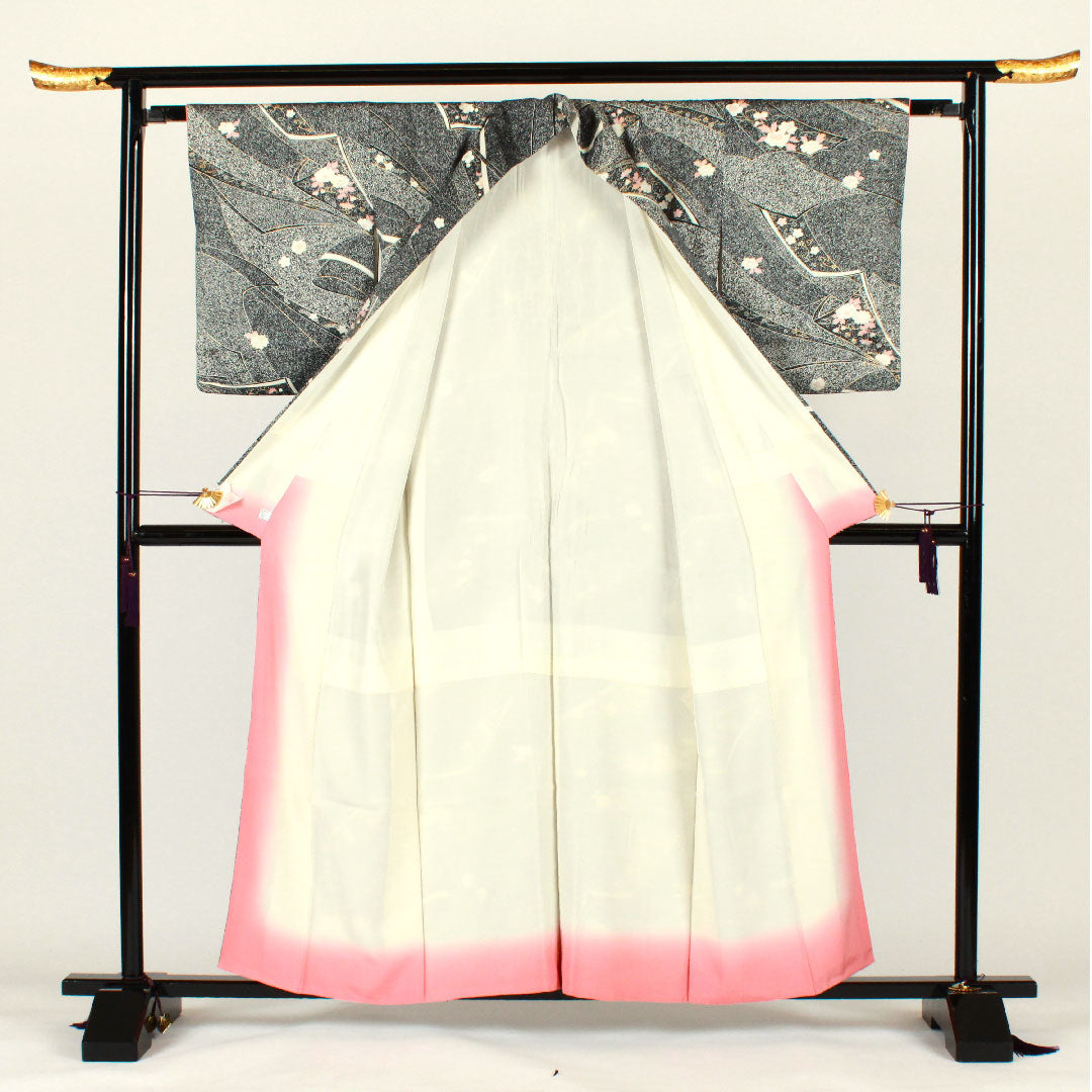 小紋 身丈158.5cm 裄丈63.5cm 袷 幾何学模様 花 正絹 Aランク 黒系 1115001963810