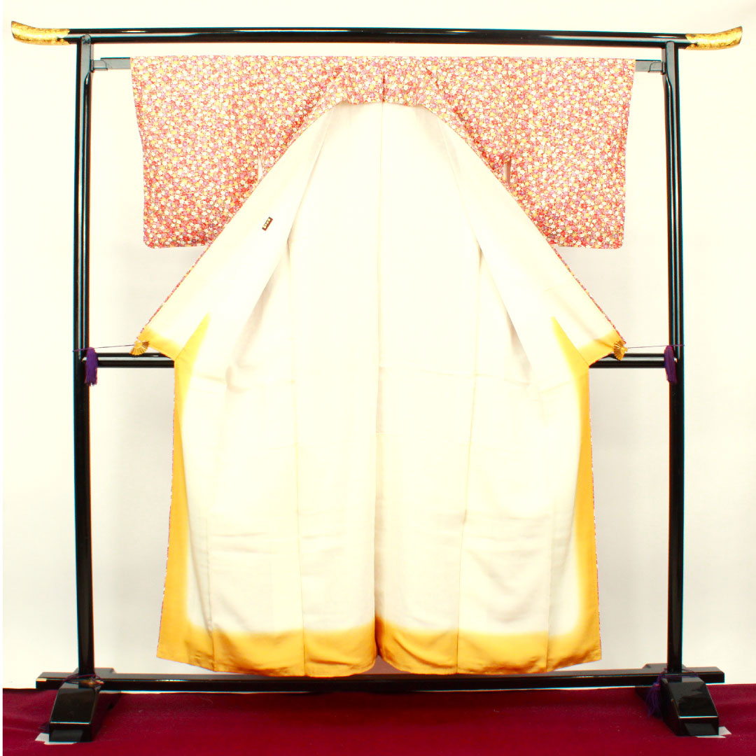 小紋 身丈152cm 裄丈61.5cm 袷 猩々緋色 梅 紬地 正絹 Sランク 赤系 1115002992212