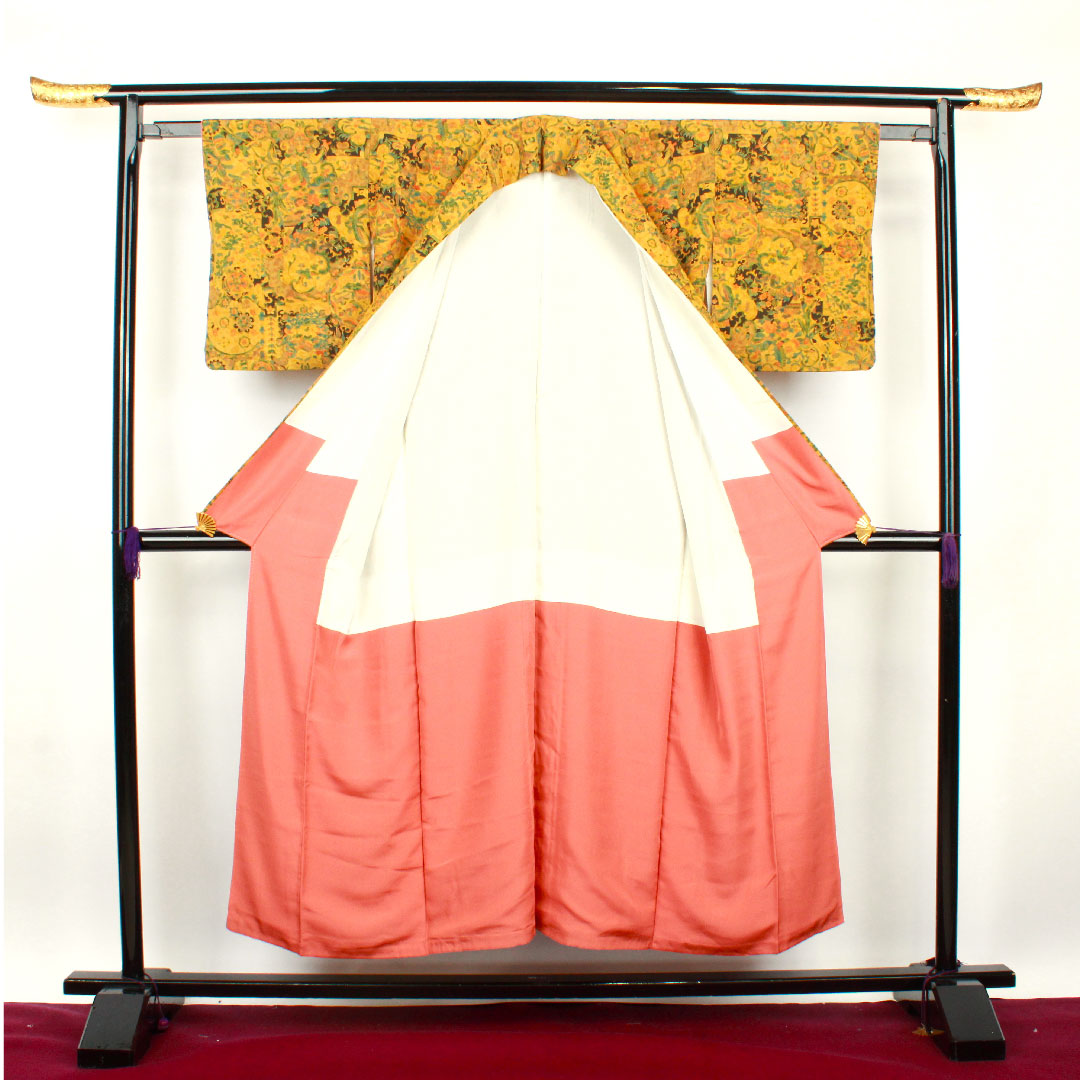 小紋 身丈151cm 裄丈57cm 袷 黄土色 更紗模様 正絹 Sランク 黄系 1115002442223