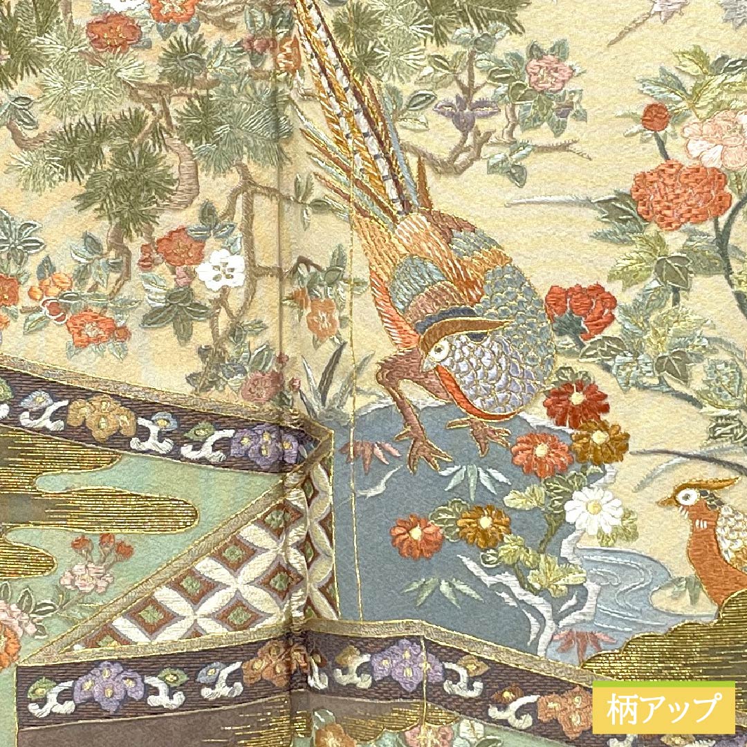黒留袖 正絹 Sランク 身丈158cm 裄丈65.5cm 袷 蘇州刺繍 五つ紋 木瓜 吉祥文様 雉 松 梅 五つ紋 黒系 1111001782310