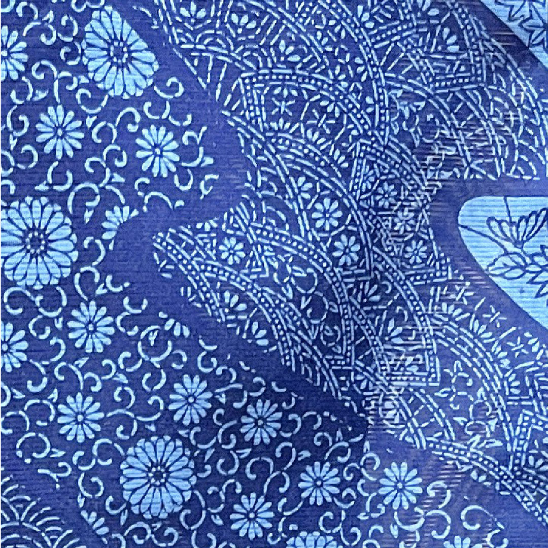 夏物 ポリエステル 小紋 身丈163cm 裄丈67cm 濃紺色(のうこんいろ) 流水 青海波 菊 絽 Aランク 紺系 1132001433418