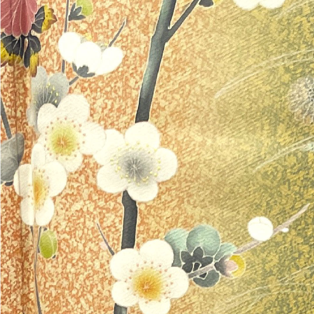 Homongi, pure silk, lined, length 163.5cm, sleeve length 64cm, vermilion, tapped dye, plum, chrysanthemum, artist's work, S rank, vermilion, 1112003252416