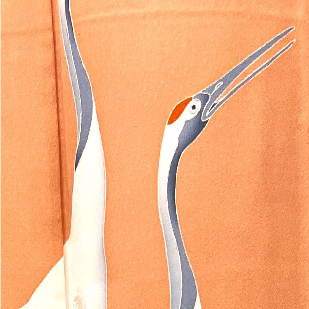 Colored Tomesode, Length 160.5cm, Sleeve Length 64cm, Lined, Coral Color, Kyo-Yuzen, Crane, Flowing Water, Three Fans, Pure Silk, S Rank, Three Crests, Orange, 1111001132426