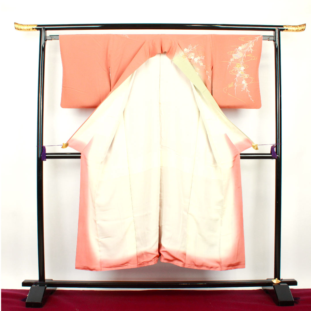 訪問着 袷 身丈145cm 裄丈63cm 珊瑚色 京友禅 桜 流水 正絹 Aランク 朱系 1112002053116