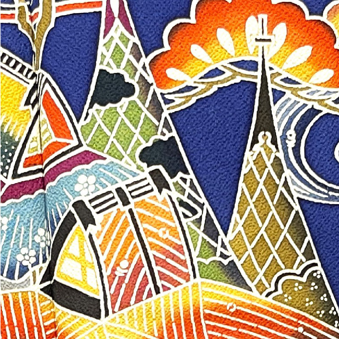 振袖 身丈167.5cm 裄丈68cm 袷 瑠璃色 京紅型 吉祥文様 正絹 Aランク 紺系 1113001773518