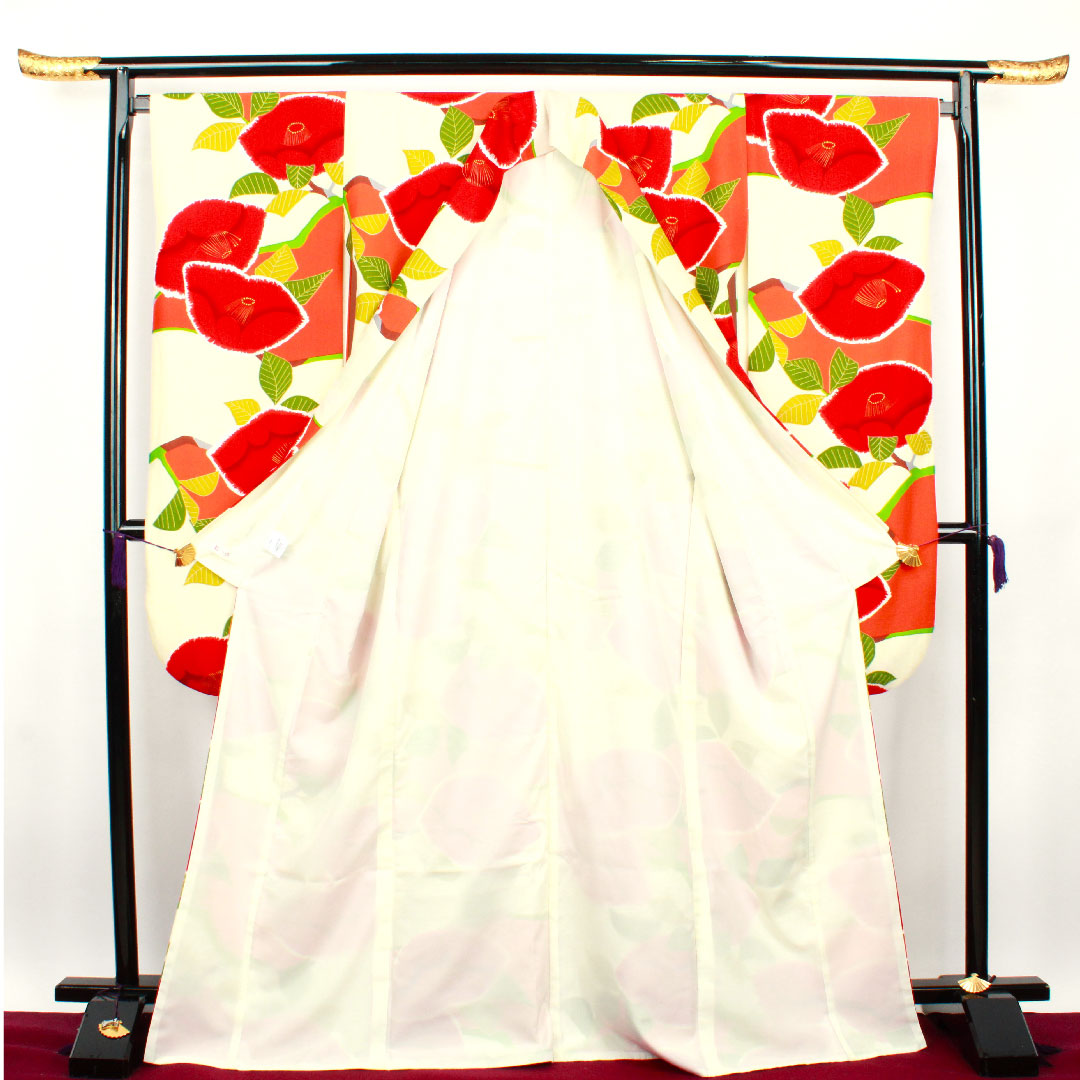 振袖 身丈170cm 裄丈65.5cm 袷 生成り色 洗える着物 椿 ポリ Aランク 白系 1113001413611