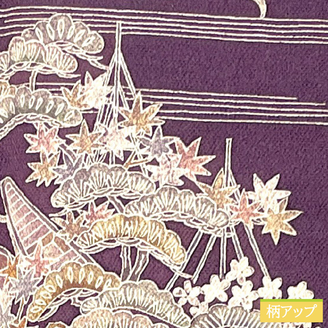 Homongi, pure silk, lined, length 154cm, sleeve length 62.5cm, eggplant navy blue, Kyoto Yuzen crepe, auspicious motif, A rank, purple, 1112005463220