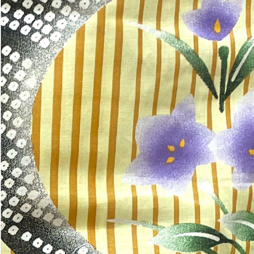 浴衣 淡黄色 縞 花模様 木綿 Aランク 単衣 身丈165cm 裄丈64.5cm 黄系 1118002633523