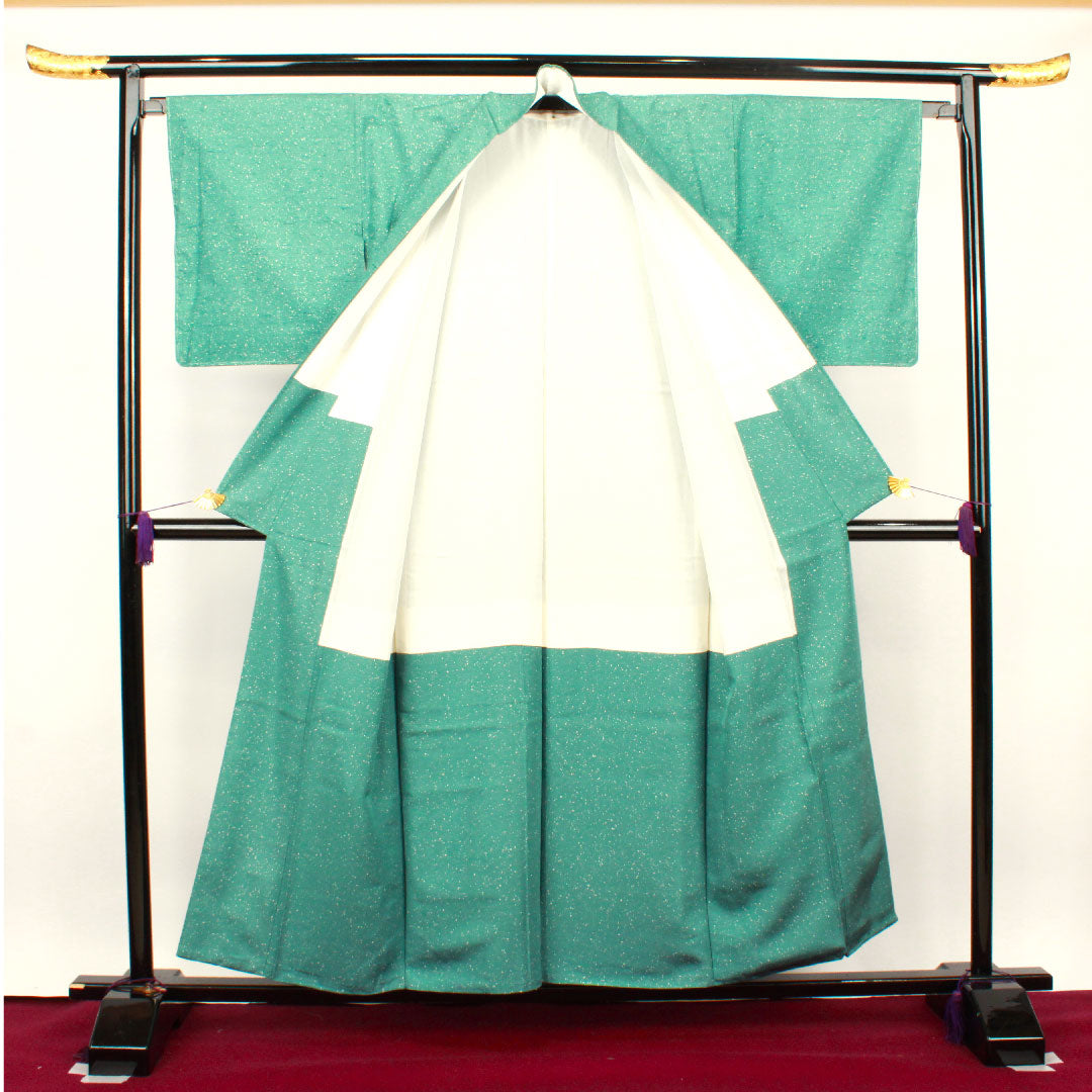 牛首紬 身丈155.5cm 裄丈65.5cm 未使用品 しつけ糸付き 山藍摺色 タタキ染 丸に木瓜 正絹 Sランク 袷 緑系 1116002232319
