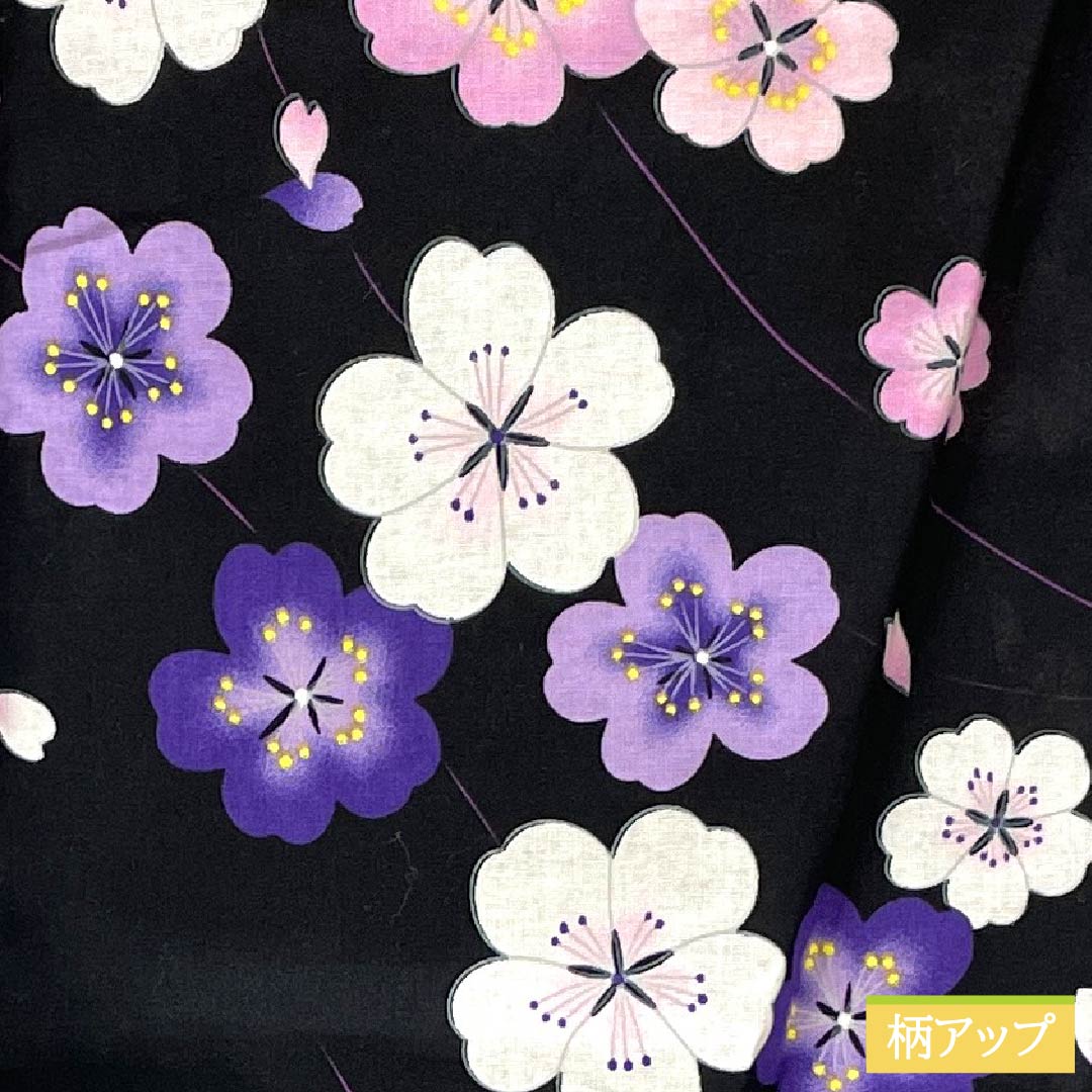 Cotton Yukata, Length 166.5cm, Sleeve Length 62.5cm, S Rank, Single Layer, Black, Cherry Blossom Design, 1118005932510