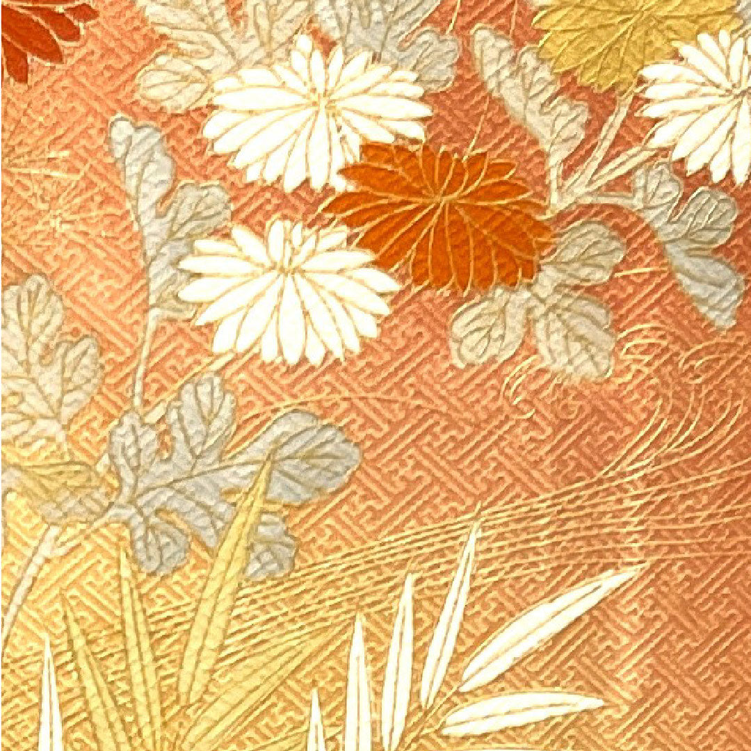 Homongi, pure silk, lined, length 161cm, sleeve length 63cm, coral color, Kyo-Yuzen, chrysanthemum, pine, A rank, orange, 1112002913426