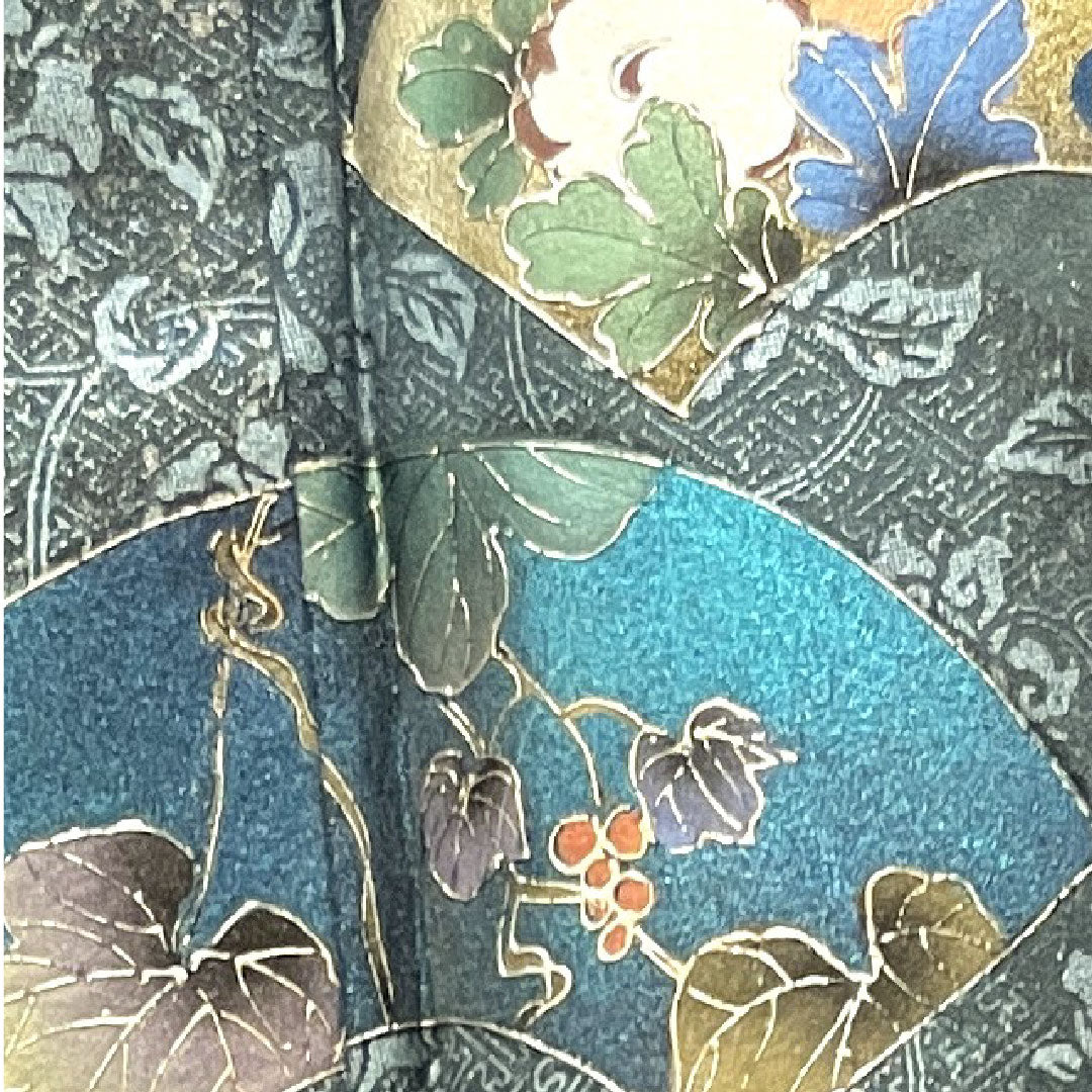 Homongi, lined, length 154.5cm, sleeve length 66cm, rust color, gold leaf finish, fan surface, auspicious motif, pure silk, S rank, blue 1112002682217