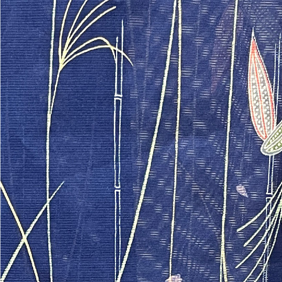 夏物 ポリエステル 小紋 身丈160cm 裄丈67cm 紺桔梗色(こんききょういろ) 竹 洗える着物 絽 Sランク 紺系 1132001442418