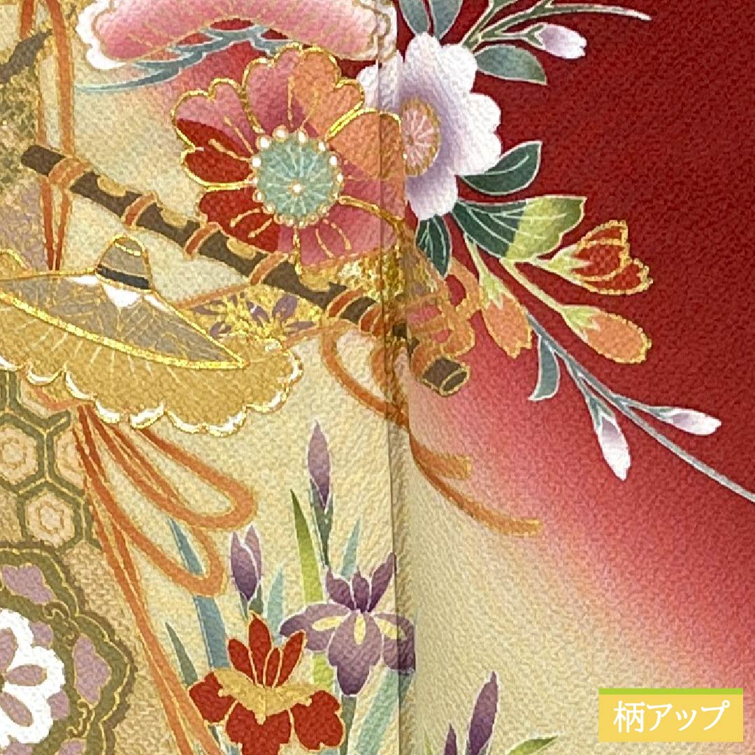 Kimono (Furisode) - S Rank - Pure Silk - Length 155.5cm - Sleeve Length 64.5cm - Lined - Shoenji-iro (Deep Crimson) - Kyo Yuzen - Imperial Carriage & Floral Patterns - Gold Couching Embroidery - Red - 1113002902312