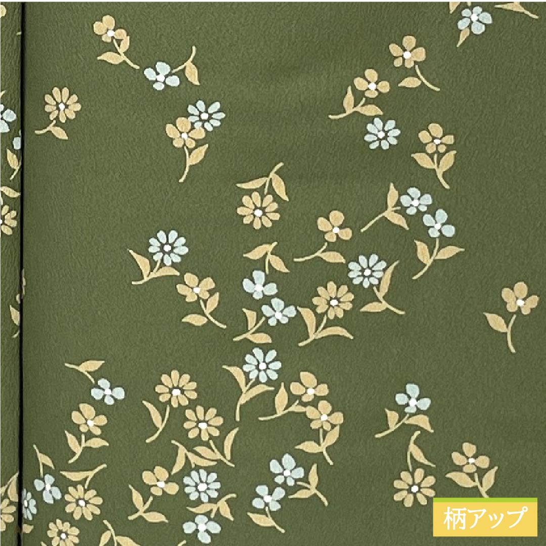 小紋 ポリエステル 身丈157cm 裄丈64cm 袷 柳煤竹色(やなぎすすたけいろ) 小花 洗える着物 Sランク 緑系 1115006242319
