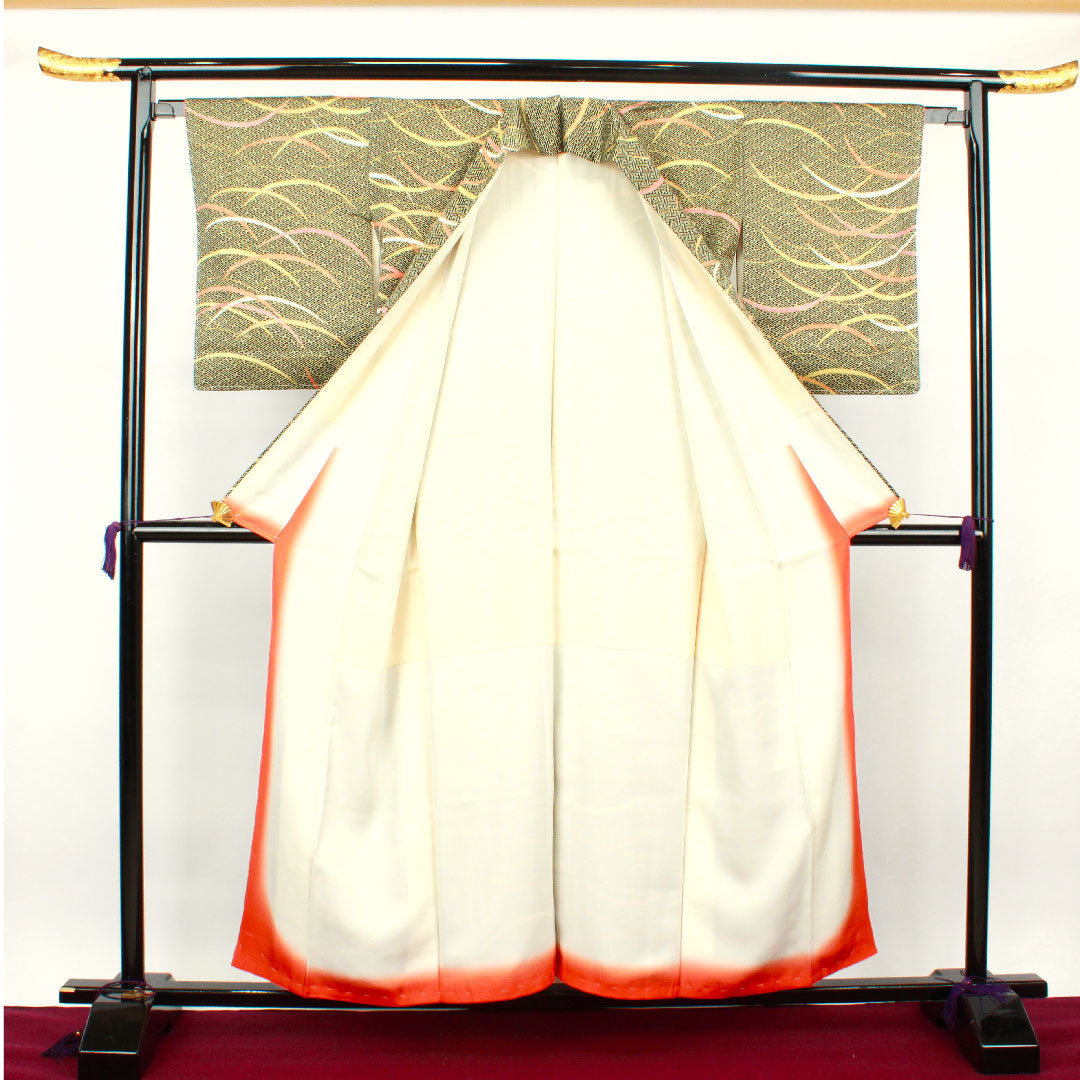 小紋 身丈156.5cm 裄丈61.5cm 袷 紗綾形 芝草 正絹 Aランク 黒系 1115002683310