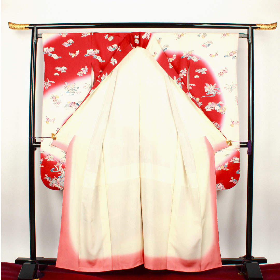 振袖 身丈161.5cm 裄丈64cm 袷 葡萄茶色 薄桜色 型染 茶屋辻 松竹梅 正絹 Aランク 赤系 1113000913412