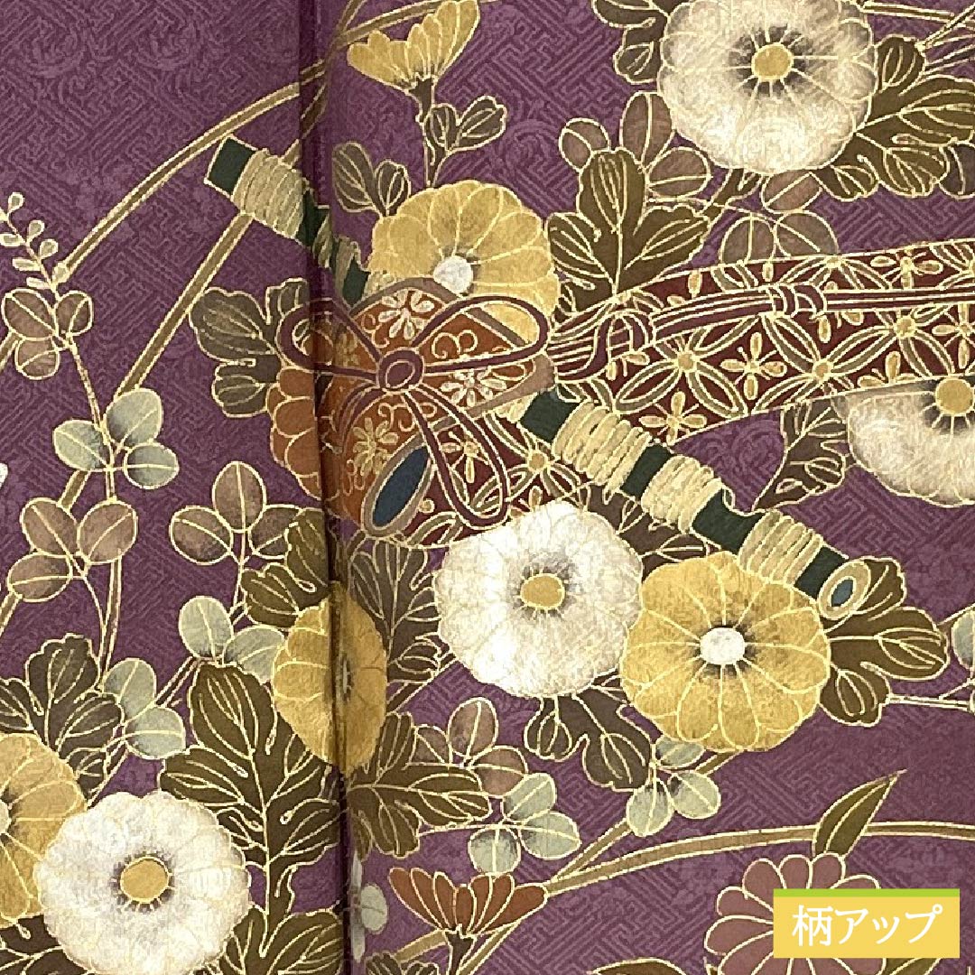 訪問着 正絹 Sランク 袷 身丈155.5cm 裄丈63cm 滅紅色(めっこういろ) 京友禅 縫い紋 雪輪に違い鷹の羽 菊 萩 紫系 1112006812320