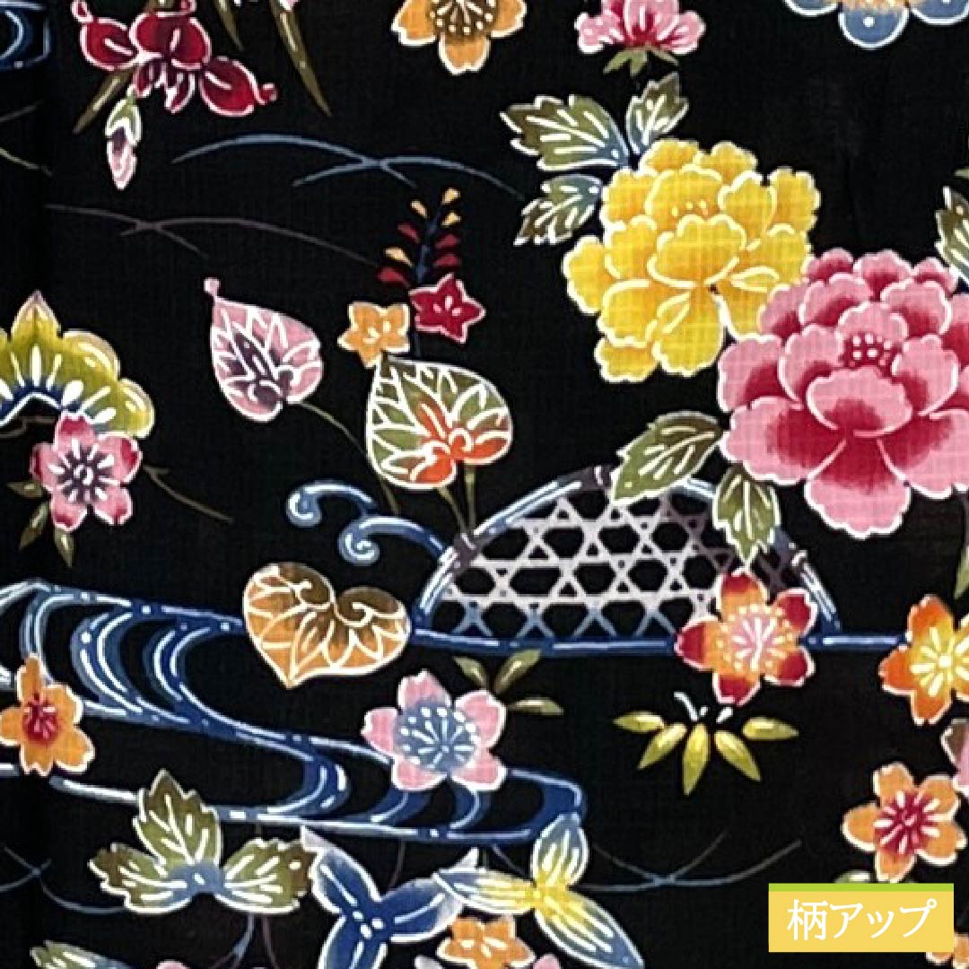 (新品未使用品)浴衣 木綿 身丈167cm 裄丈67cm NEWランク 単衣 黒系 型染 花 松 流水 1118006791510