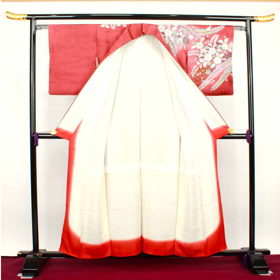 Homongi, lined, length 157cm, sleeve length 62cm, red birch color, Kyo-Yuzen, Tsujigahana, pure silk, S rank, red, 1112002262312