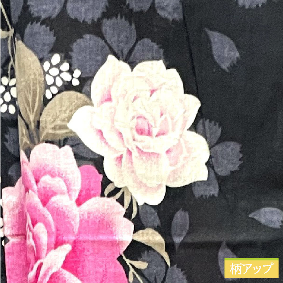 Yukata Cotton Length 159cm Sleeve length 64.5cm B rank Single layer Black Rose Gypsophila Cherry blossom 1118004554310