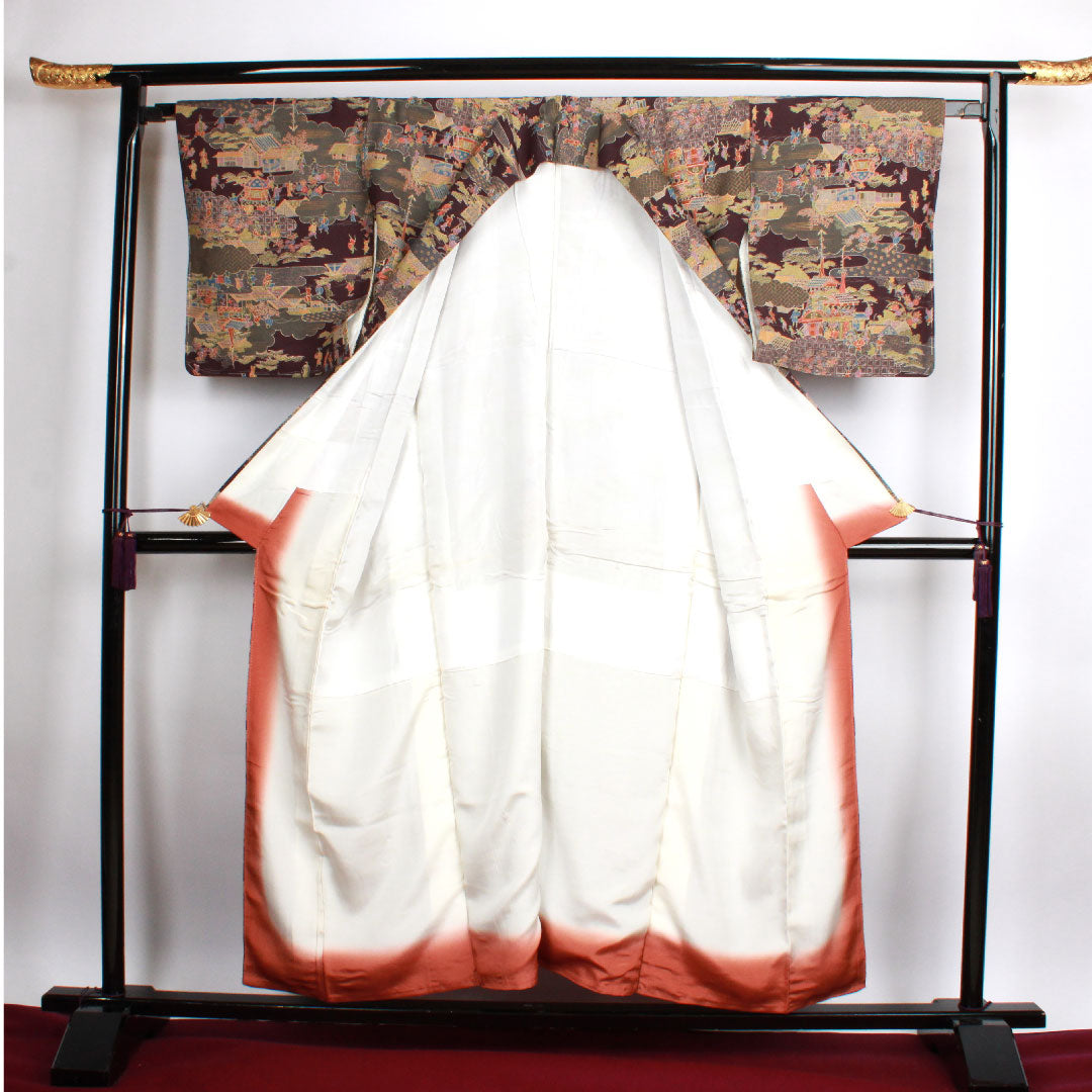 小紋 身丈153.5cm 裄丈65cm 袷 紫烏色 時代人物風景模様 正絹 Sランク 紫系 1115002322220