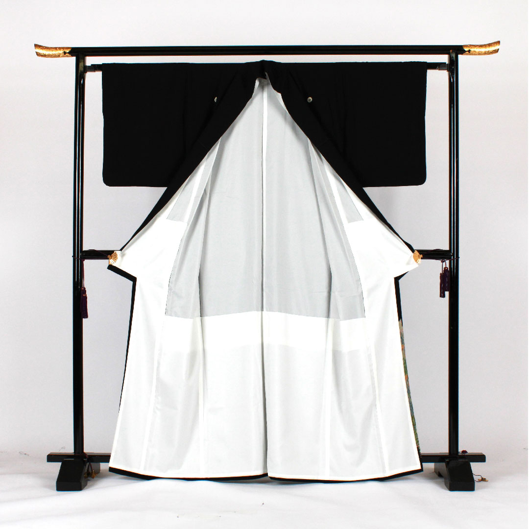 黒留袖 身丈165.5cm 裄丈65cm 袷 風景模様 下がり藤に三ツ割銀杏 正絹 Sランク 五つ紋 黒系 1111000262510