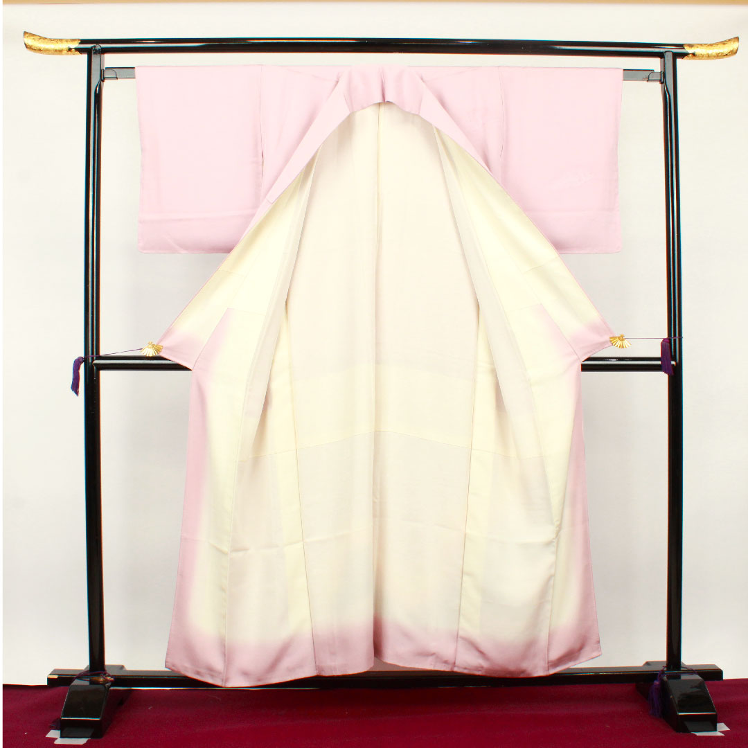訪問着 袷 身丈153.5cm 裄丈61.5cm 帯紅色 風景模様 ボカシ染 正絹 Sランク ピンク系 1112002202213