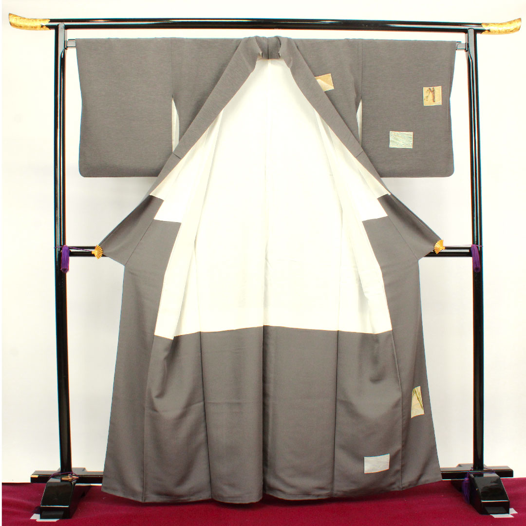 訪問着 袷 身丈163.5cm 裄丈67cm 具墨色 神坂雪佳 京友禅 浜ちりめん 丸に根笹 正絹 Sランク グレー系 1112002402422