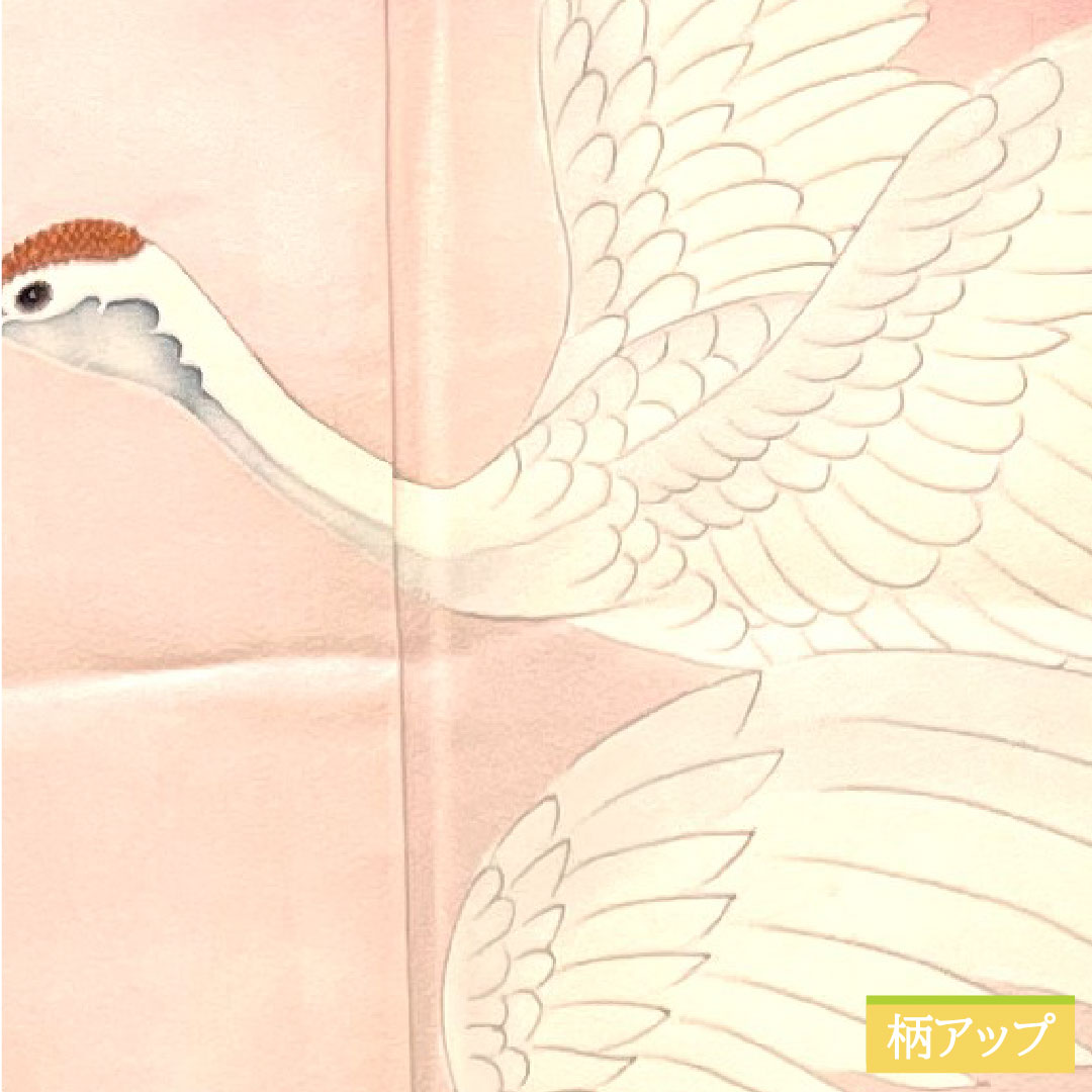 彩色留袖、纯丝、长度 154.5 厘米、袖长 62.5 厘米、衬里、淡红色、京友禅、仙鹤、三个徽章、不同的鹰羽、S 级、三个徽章、粉红色、1111001232213