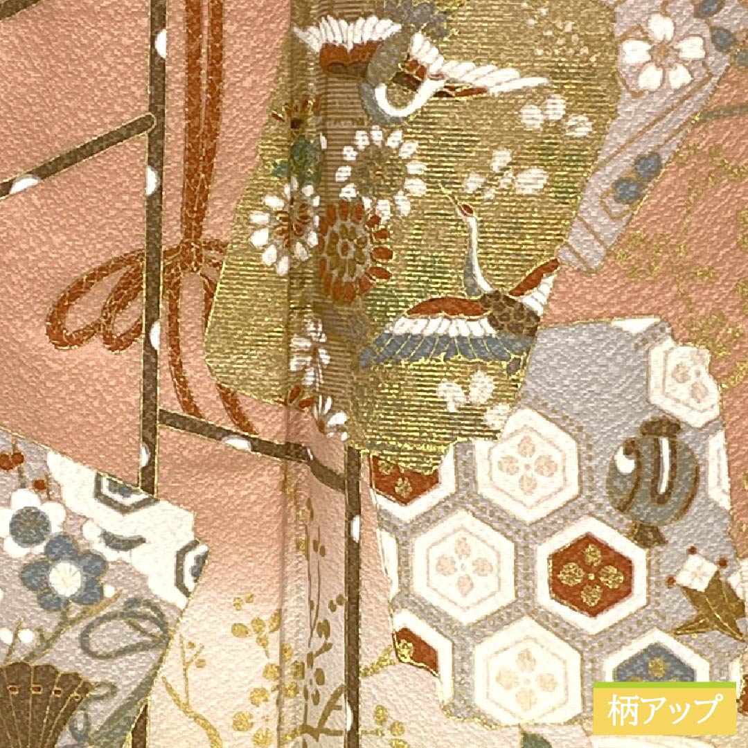 Visiting Kimono, Pure Silk, S Rank, Lined, Length 163.5cm, Sleeve Length 64cm, Tokiiro (Pink), Kyo-Yuzen, Classic Pattern, Shikishi (Colored Paper), Product Number: 1112006632413