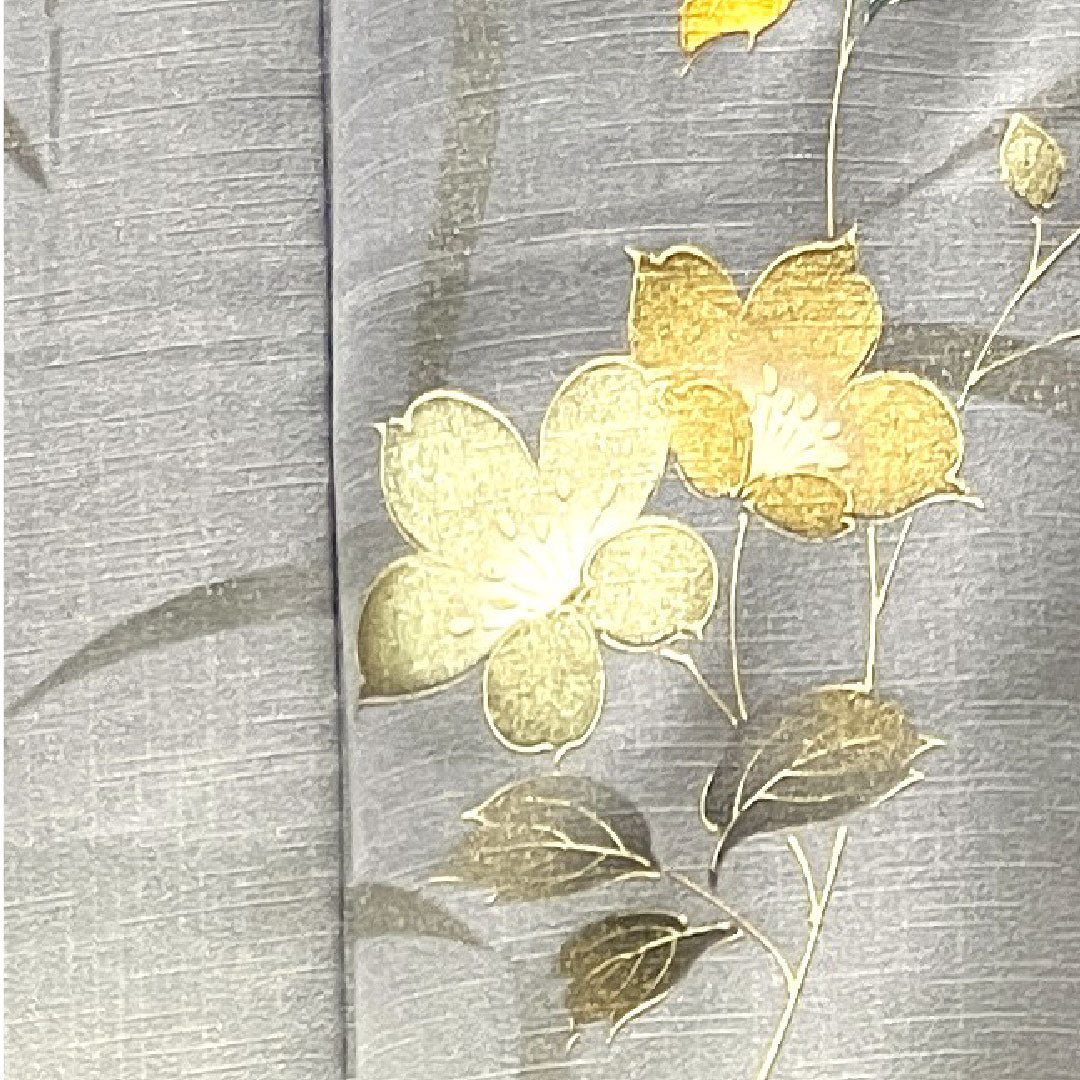 訪問着 袷 身丈163.5cm 裄丈67cm 鉛色 金彩加工 草花模様 正絹 Aランク グレー系 1112002603422