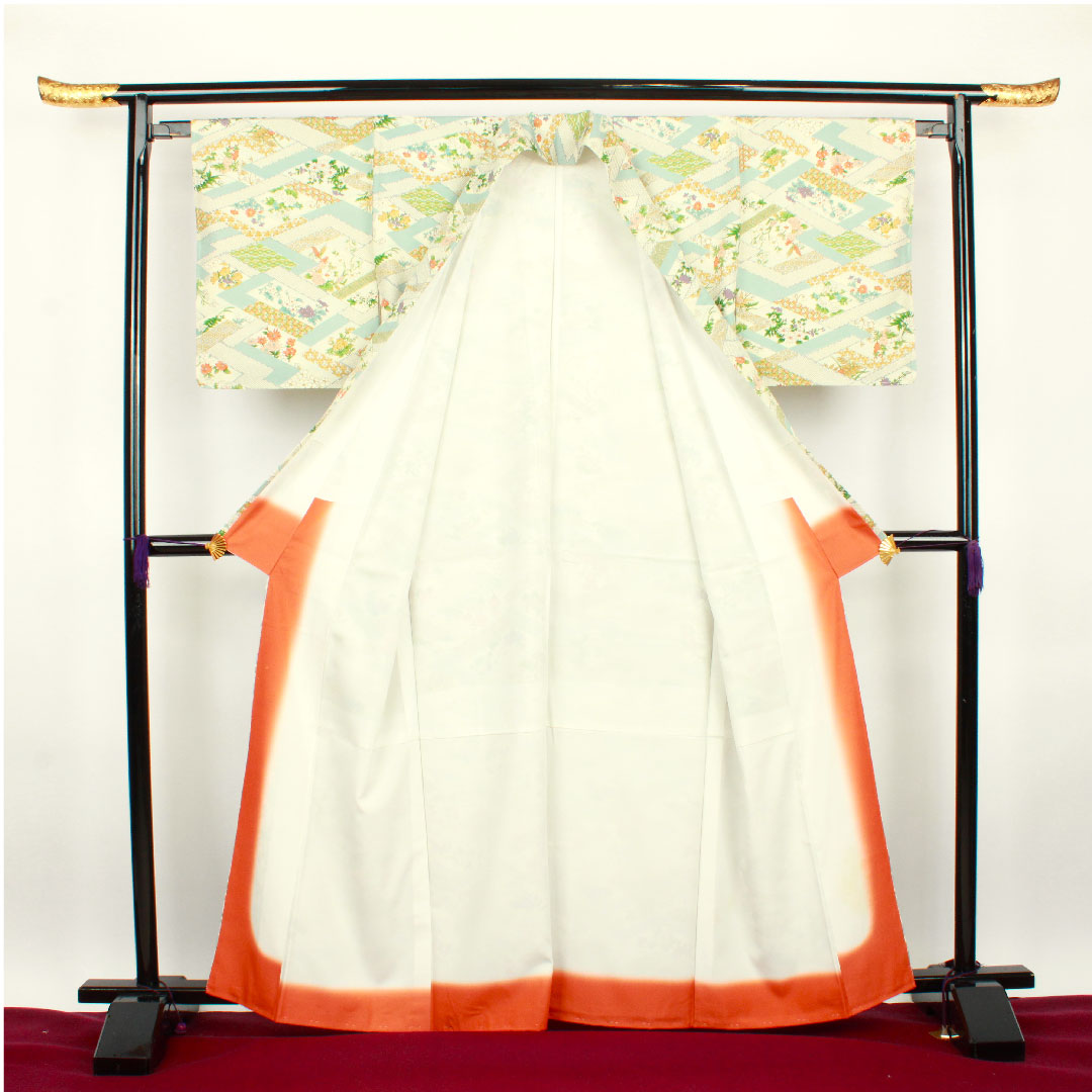 小紋 身丈163.5cm 裄丈64cm 袷 変り松皮菱 草花模様 正絹 Aランク 白系 1115002393411