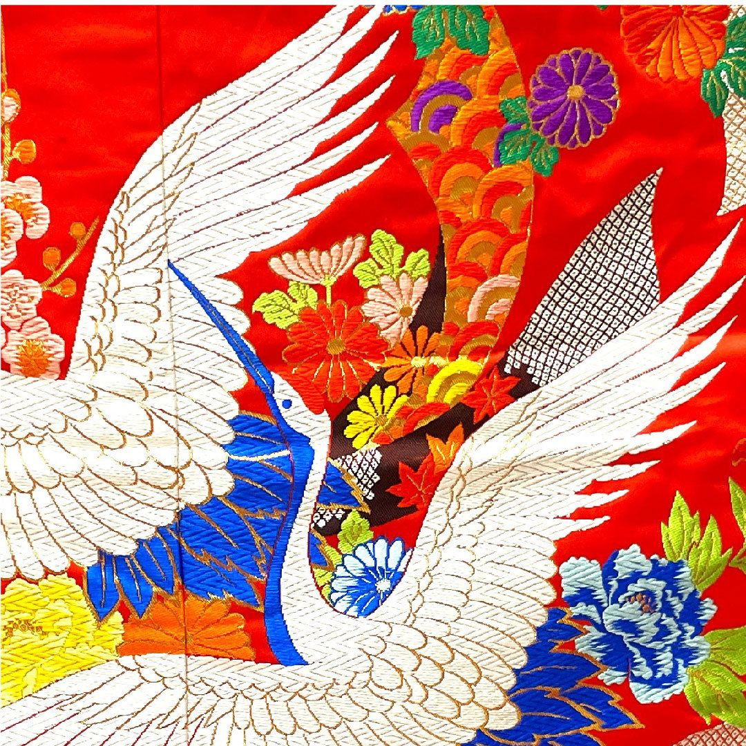 色打掛 身丈193cm 緋色 唐織 熨斗 鶴 正絹 Aランク 袷 朱系 1110000273916