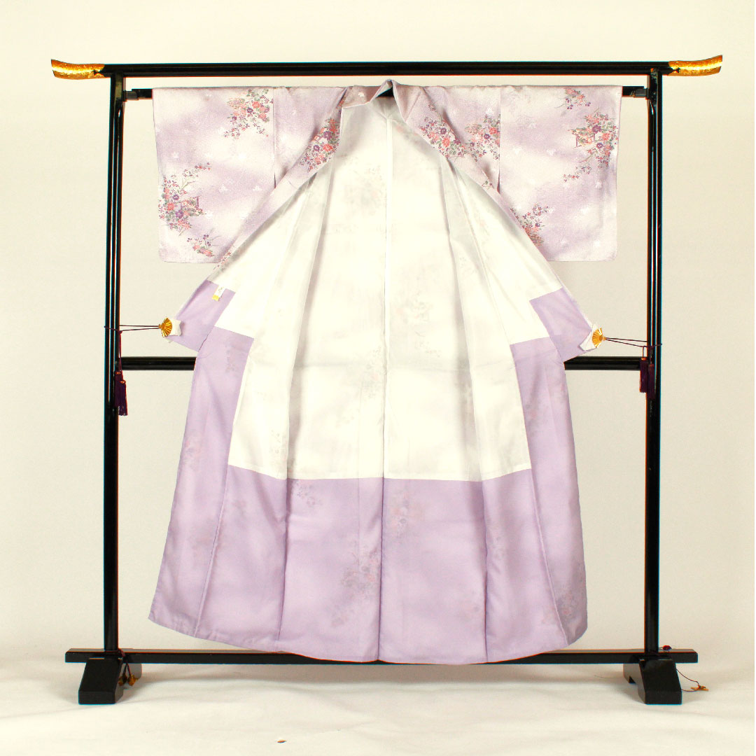 小紋 身丈158cm 裄丈65cm 袷 古典柄 洗える着物 ポリ Aランク 紫系 1115000983320