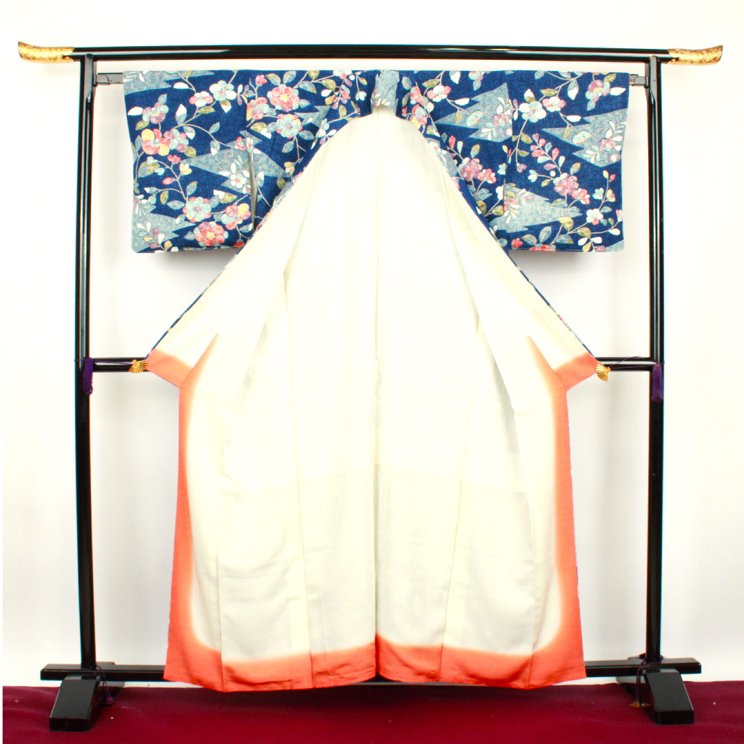 小紋 身丈158cm 裄丈64cm 袷 紺桔梗色 草花模様 正絹 Sランク 紺系 1115002512318