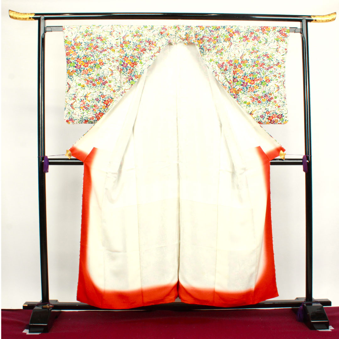 小紋 身丈156cm 裄丈60cm 袷 胡粉色 草花模様 正絹 Aランク 白系 1115003073311