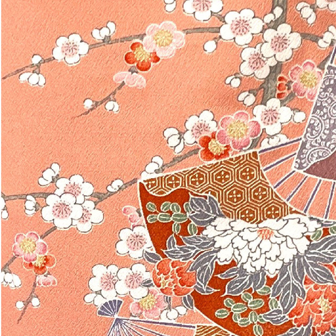 小紋 身丈161cm 裄丈64.5cm 袷 一重梅色 洗える着物 しつけ糸付き 未使用品 扇 梅 ポリエステル Sランク ピンク系 1115003312413