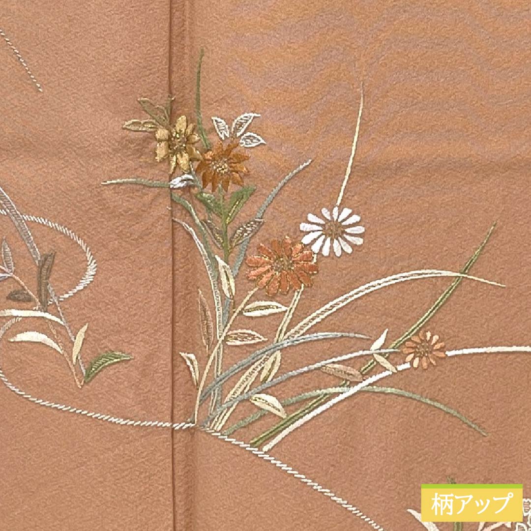 訪問着 正絹 Sランク 袷 身丈157.5cm 裄丈63cm 鮭色(さけいろ) 丸に蔦 付下げ 一つ紋 刺繍 草花 ピンク系 1112006332313
