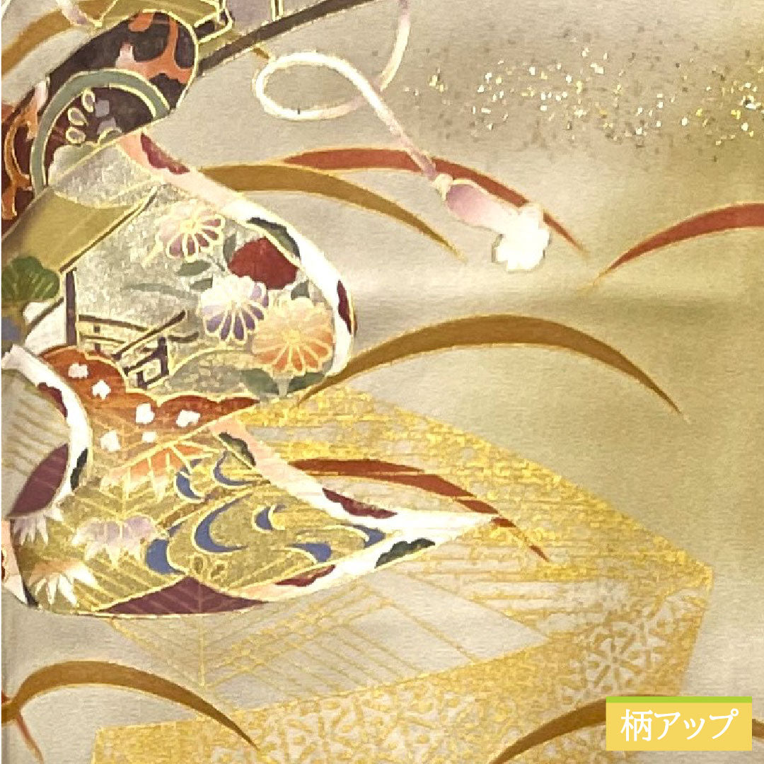 訪問着 袷 身丈167cm 裄丈66cm 芽色 京友禅 露草 巻物 一つ紋 剣片喰 正絹 Aランク 黄系 1112003933523