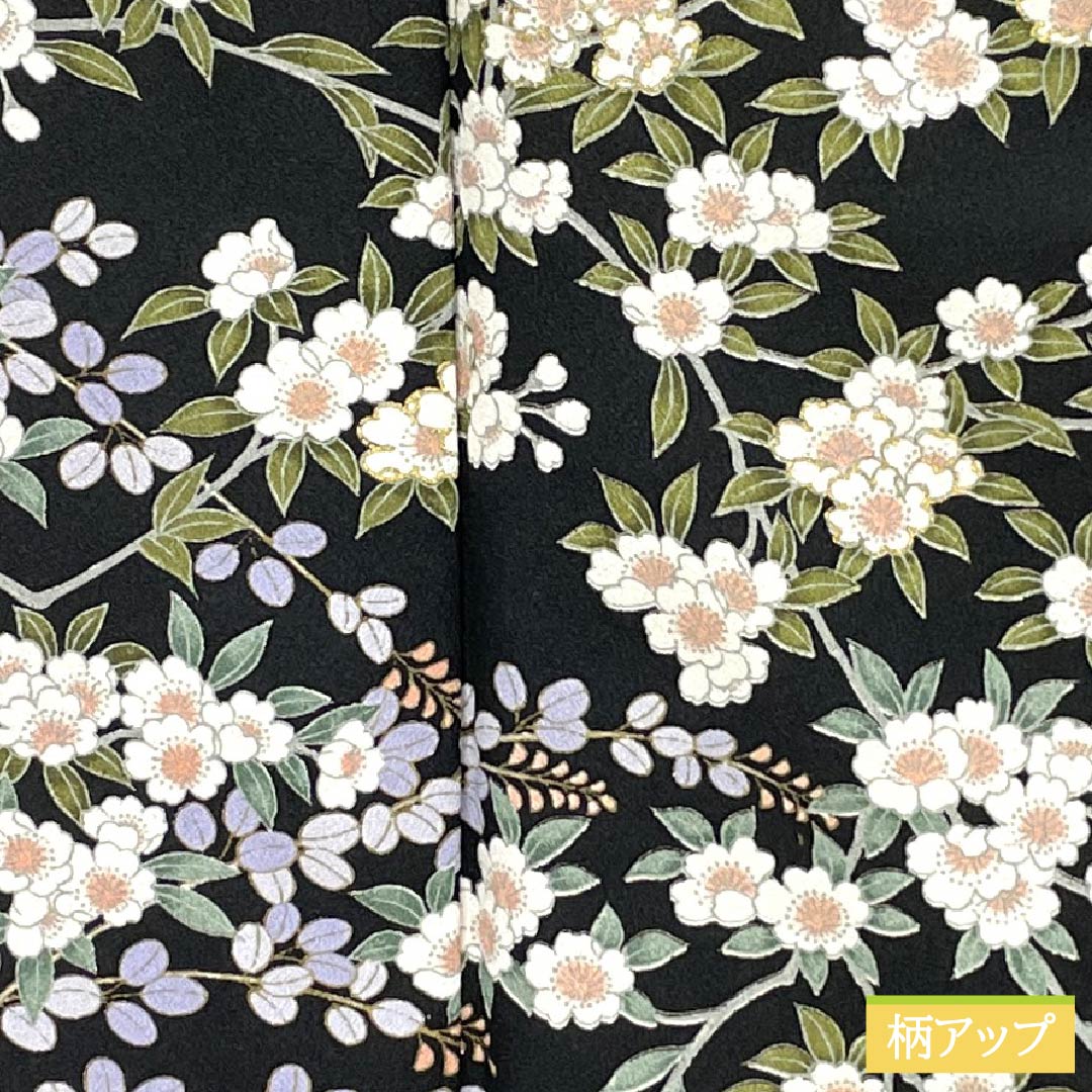 訪問着 ポリエステル Aランク 袷 身丈165.5cm 裄丈66cm 草木 洗える着物 黒系 1112006483510