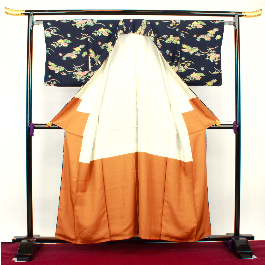 小紋 身丈155cm 裄丈63cm 袷 濃紺色 型染 正絹 Aランク 紺系 1115002983318