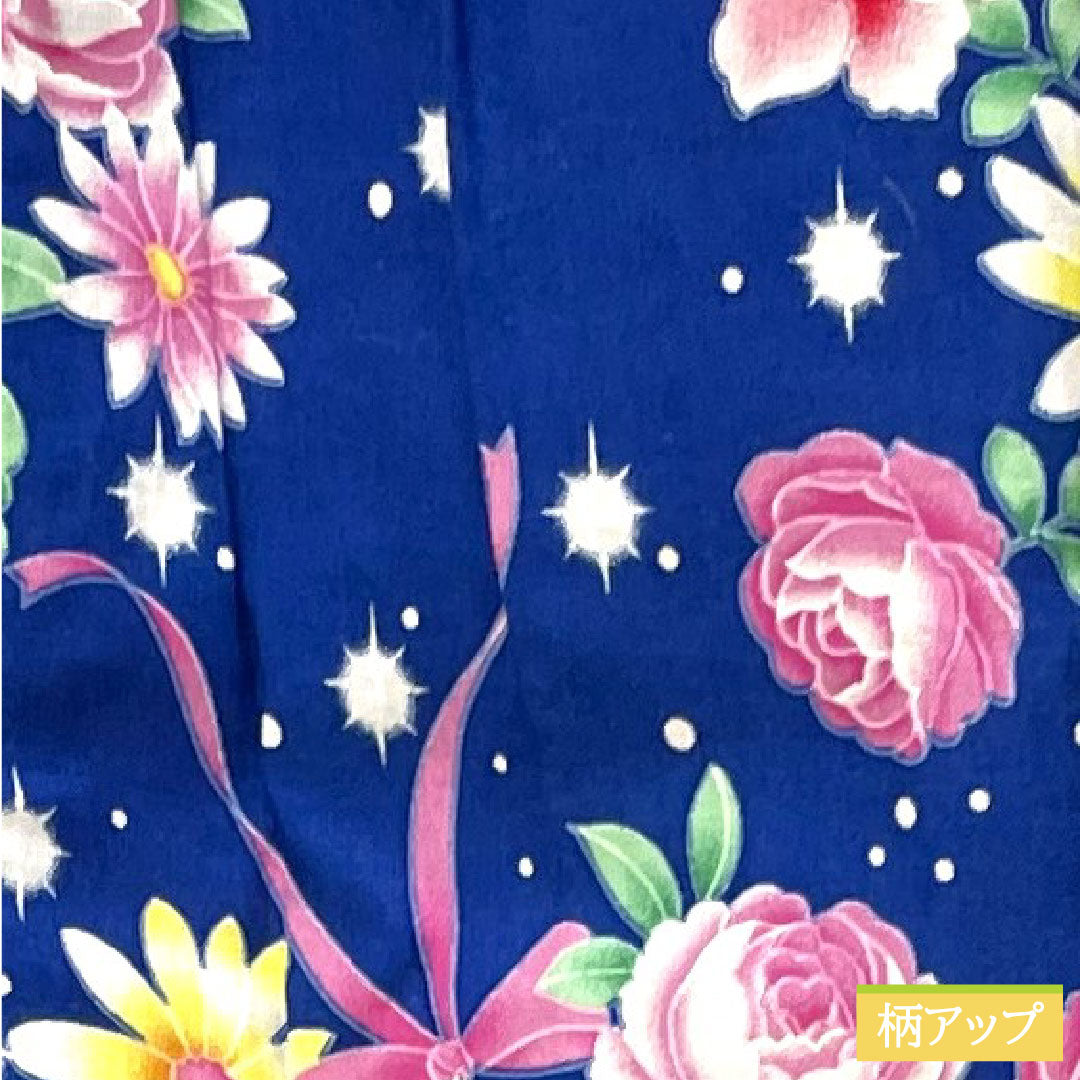 浴衣 木綿 身丈107.5cm 裄丈56.5cm Sランク 単衣 紺系 瑠璃色(るりいろ) 肩上げ有り 身上げ有り 花柄 1118005022118