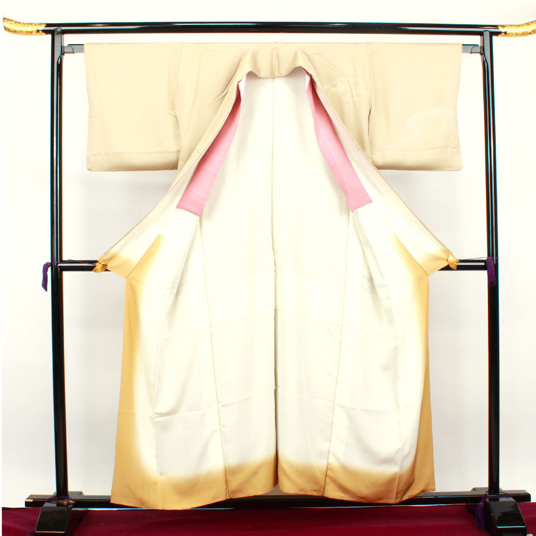 訪問着 袷 身丈153.5cm 裄丈62.5cm 白橡色 刺繡 絞り 扇 正絹 Bランク クリーム系 1112002194215